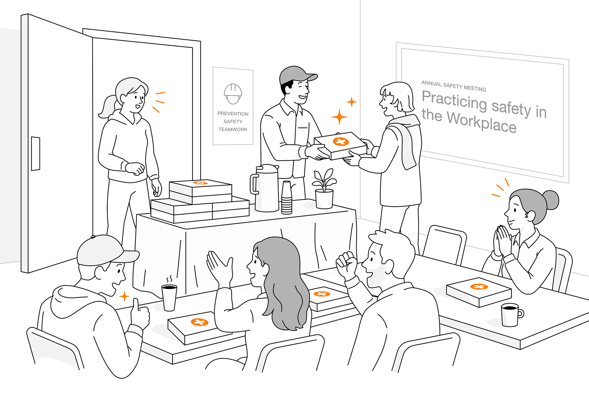Meeting or seminar setup. Kits stacked near the entrance or check-in table.